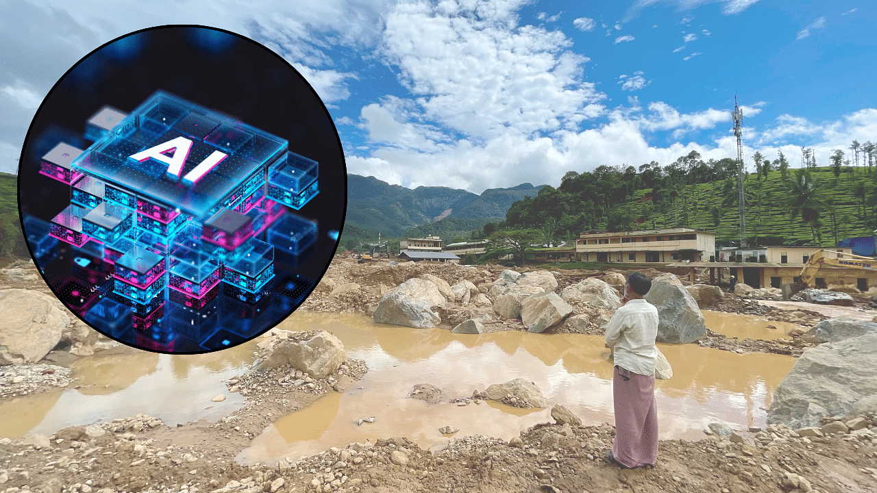 <div class="paragraphs"><p>Collage showing the aftermath of the Wayanad landslides and an illustration of AI.</p></div>